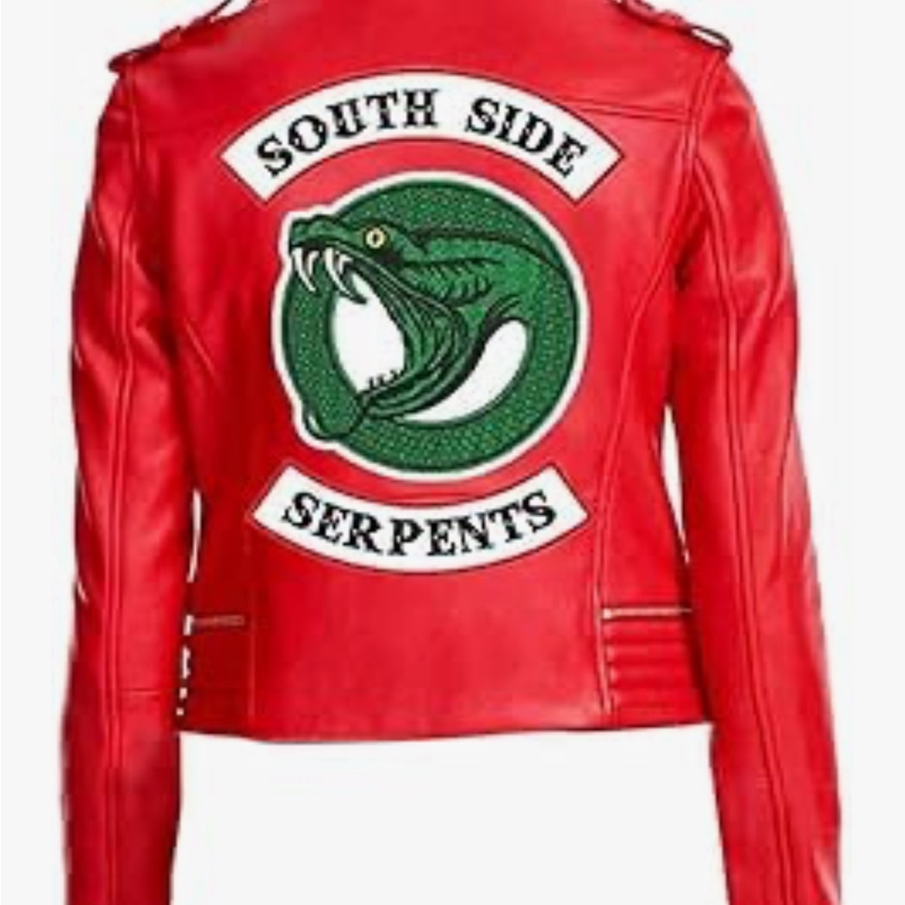 Bold Red Leather Biker Jacket with Green Serpent Patch